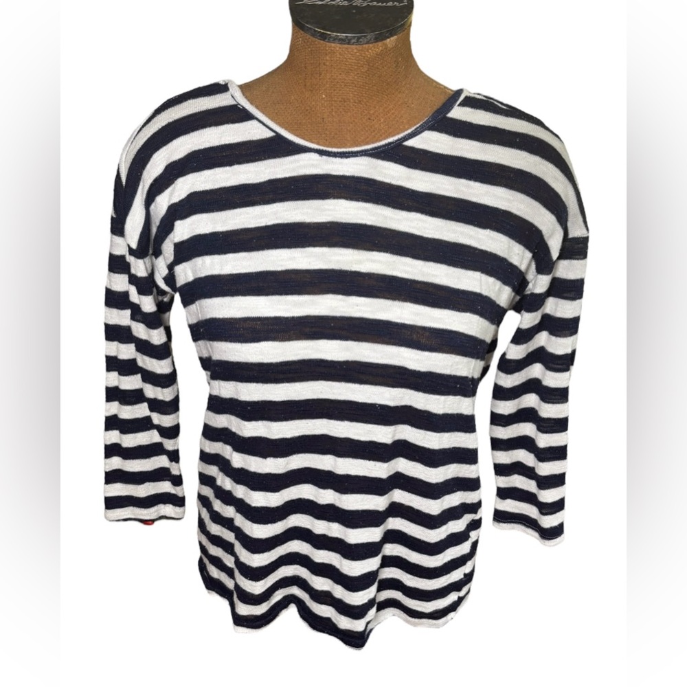 Almost Famous Striped Navy and White Women's Top With Lace Back Size L